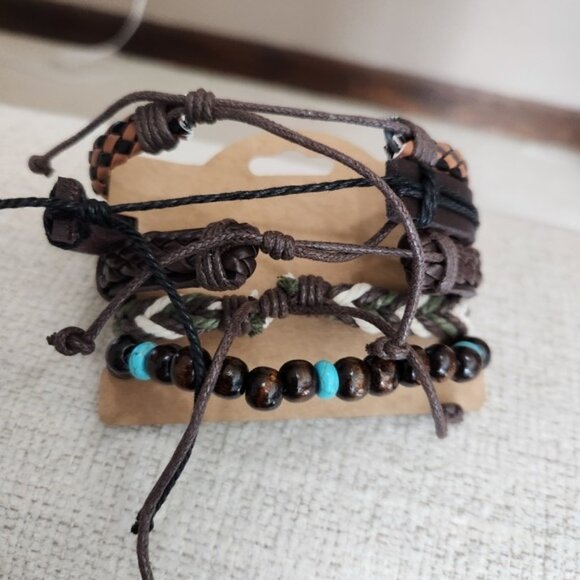 Nwt Men's Multicolor Leather & Beaded Bracelet Set - Picture 2 of 2